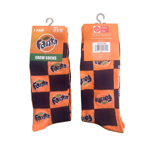 1 x Fanta Logo Crew Socks Orange & Black Checkered Size 6-13 Coca-Cola Licensed