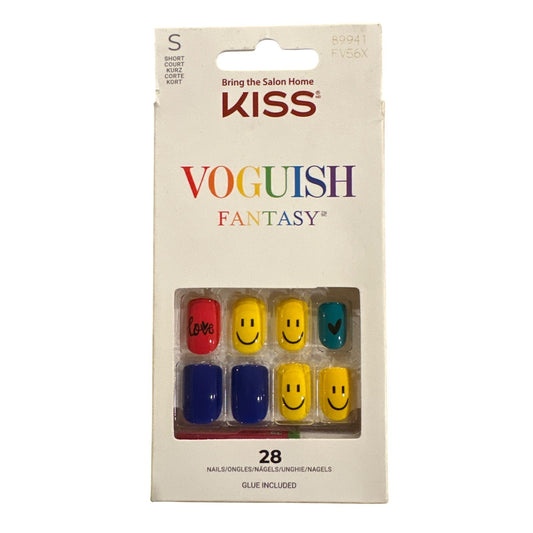 Kiss Vogueish Fantasy 28 Nail Short Square Shiny Yellow+Red+Blue Smiley Faces