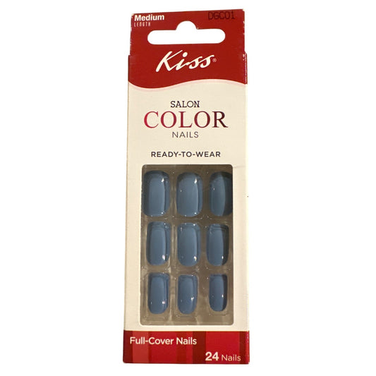 Kiss Salon Color 24 Nail HUE BET Medium Square Glossy Solid Dusk Blue Full-Cover