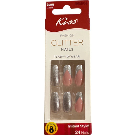 Kiss FASHION GLITTER 24 Nails Long Ballerina Glitter Mauve+Silver Ready To Wear