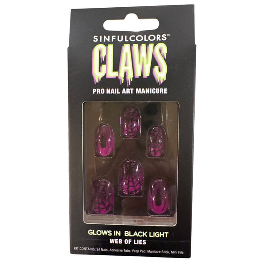 Sinfulcolor 24 Nail WEB OF LIES Short Oval Halloween Spiders Glow In Black Light