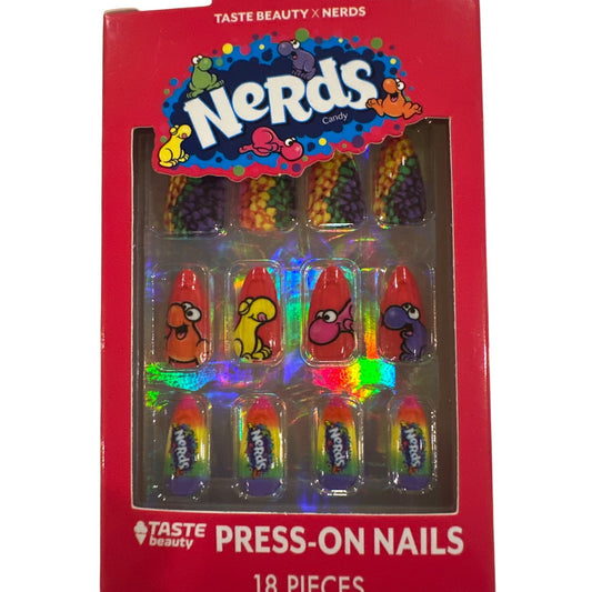 Taste Beauty NERDS Candy 18 Press-On Nails Long Almond Glossy Red Blue Yellow