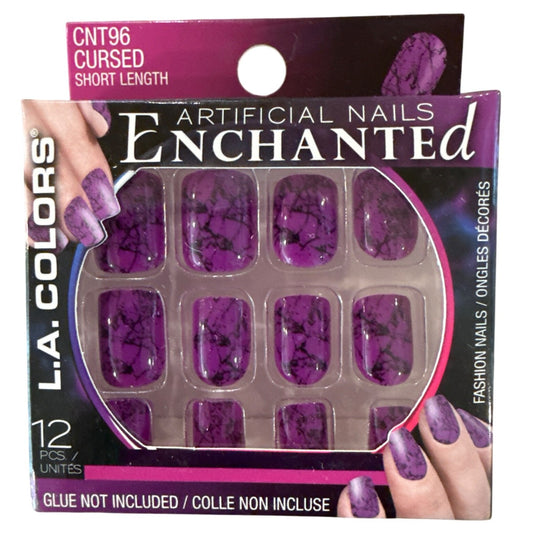 L.A. Colors ENCHANTED 12 Nails CURSED Short Square Glossy Purple+Black Marbled