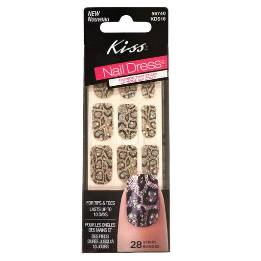 Kiss Nail Dress Tips & Toes 28 Strips/Nail Silver+Black Sparkling Leopard Print
