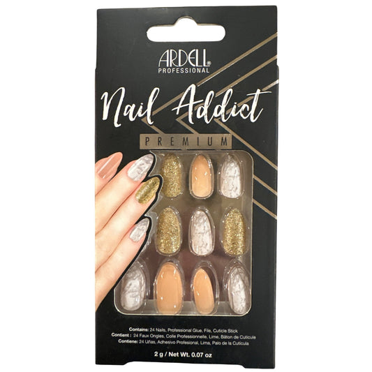 Ardell Nail Addict 24 Nails PREMIUM Long Almond Glitter+Marble White+Gold+Nude
