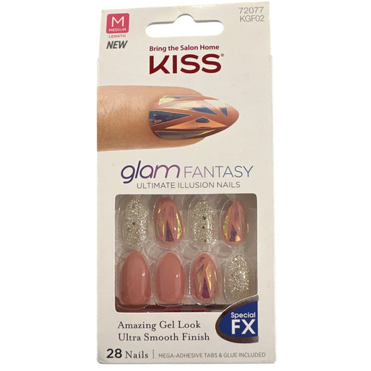 Kiss GLAM FANTASY 28 Nails Medium Mountain Peak Glossy+Chrome+Glitter Pink+Gold