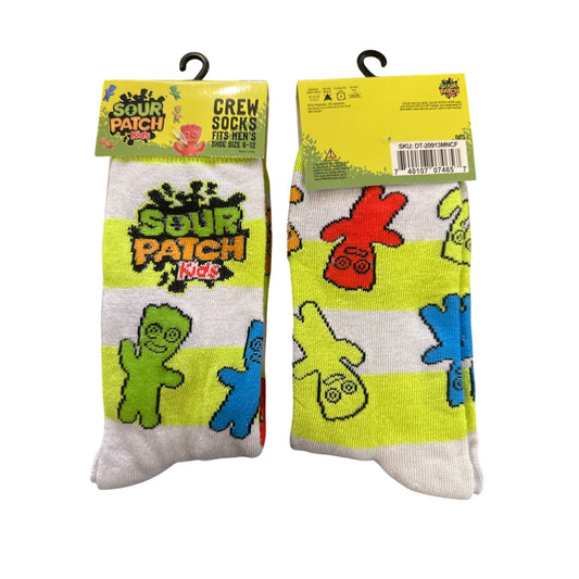 SOUR PATCH KIDS Gummy Candy Men's Size 6-12 Crew Socks White Neon Yellow Stripes