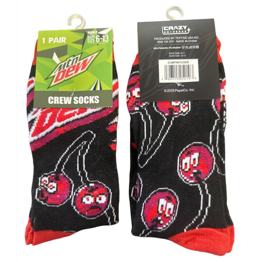 Mountain Dew Code Red Cherries Crew Socks Adult Size 6-13 Crazy Socks Black+Red