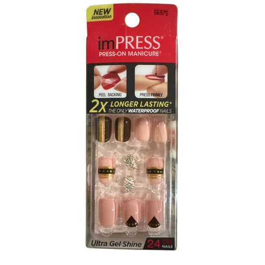 ImPRESS KISS 24 Nails Short Square Shiny Peach +Black +Gold & Silver CHARMS 1a