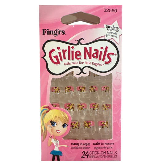 Little Fingr's GIRLIE NAILS #32560 24 Stick-On Nails STARS Pink+Yellow+Clear