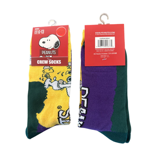 Peanuts SNOOPY Men's Size 6-13 Crew Socks  Yellow Green Purple Black Soft Fabric