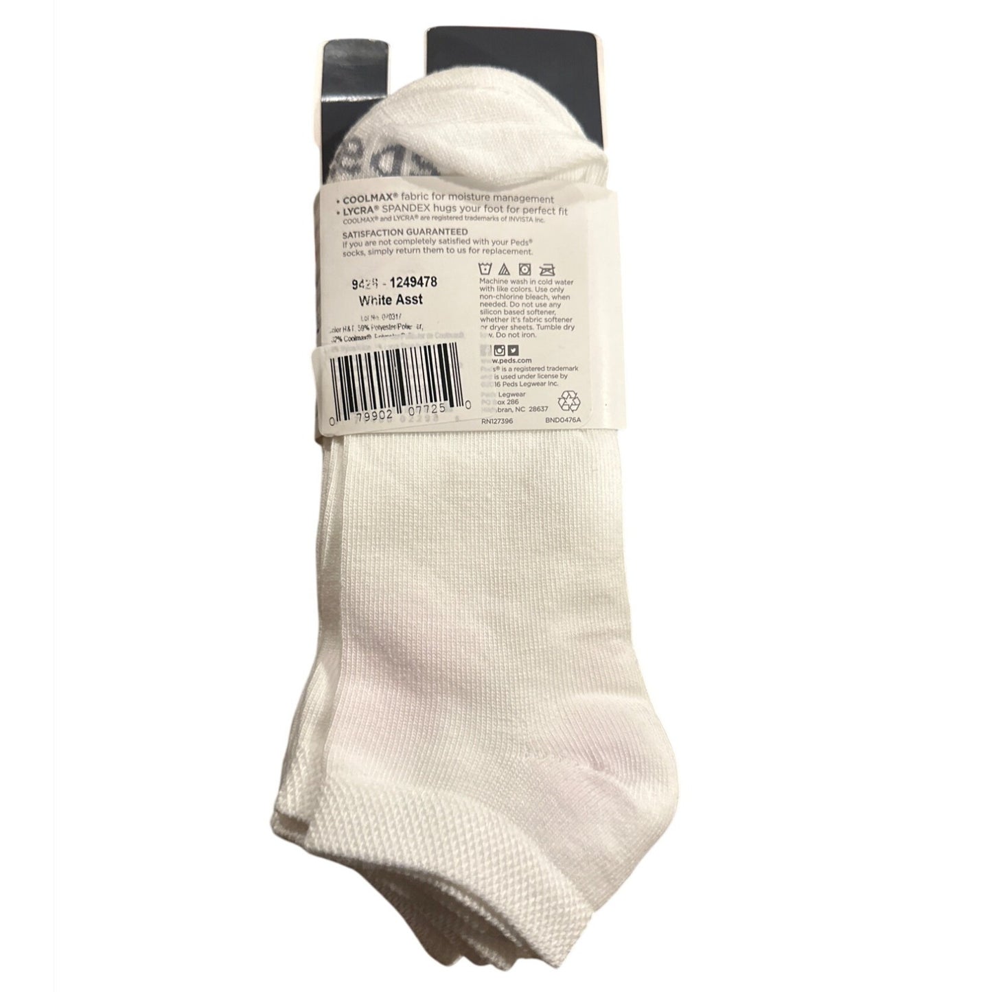 Peds Women 6 Pairs White No-Show Ankle Socks Seamless Toe Coolmax Size 8-12
