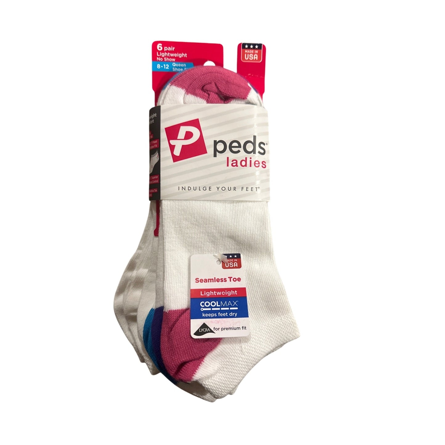 Peds Women 6 Pairs White No-Show Ankle Socks Seamless Toe Coolmax Size 8-12