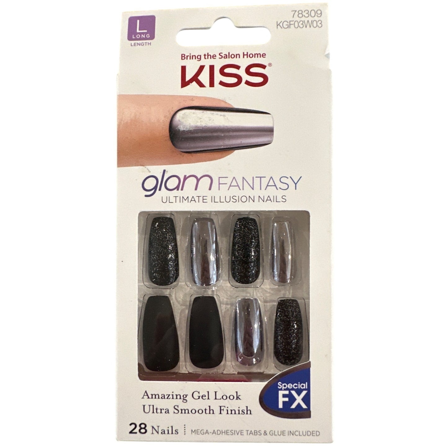 Kiss GLAM FANTASY 28 Nail Long Ballerina Matte + Glitter Black + Chrome Gel Look