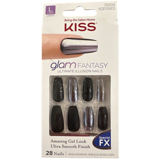 Kiss GLAM FANTASY 28 Nail Long Ballerina Matte + Glitter Black + Chrome Gel Look