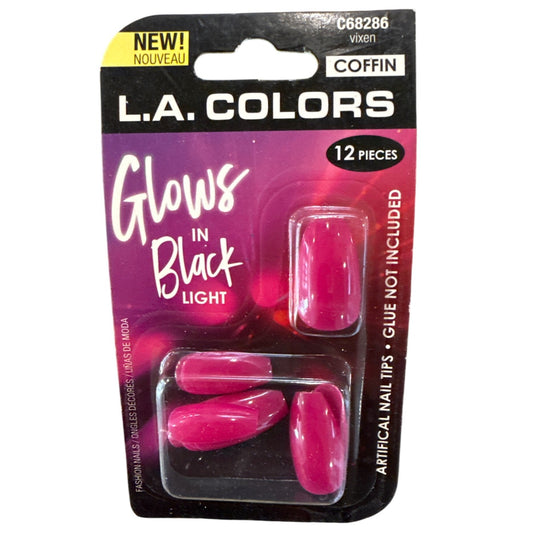 L.A. Colors GLOWS IN BLACKLIGHT 12 Nails VIXEN Long Coffin Glossy Pink HALLOWEEN