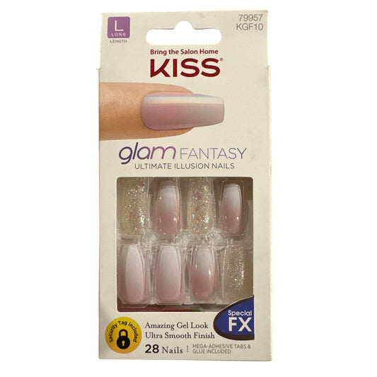 Kiss Glam Fantasy 28 Nail Long Coffin Shiny+Ombre+Glitter Pink+Gold Ultra Smooth