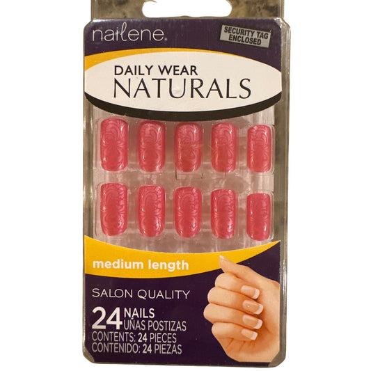 Nailele Daily Wear 24 Nail NATURALS Medium Square Matte Hot Pink Floral Embossed