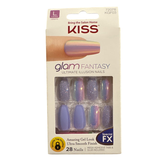 Kiss Glam Fantasy 28 Nail Long Coffin Matte Shiny+Glitter+Chrome Lavender FX