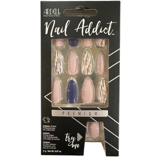 Ardell Nail Addict 24 Nail PRMIUM Long Almond Glossy Indigo+Peach Minimalist Art
