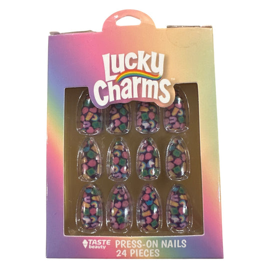 Taste Beauty 24 Nails Medium Almond Glossy Black Colorful Lucky Charms Inspired