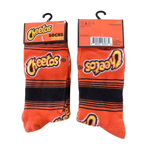 CHEETOS Corn Puffs Men's Size 6-13 Crew Socks Orange Black Yellow Logo & Stripes