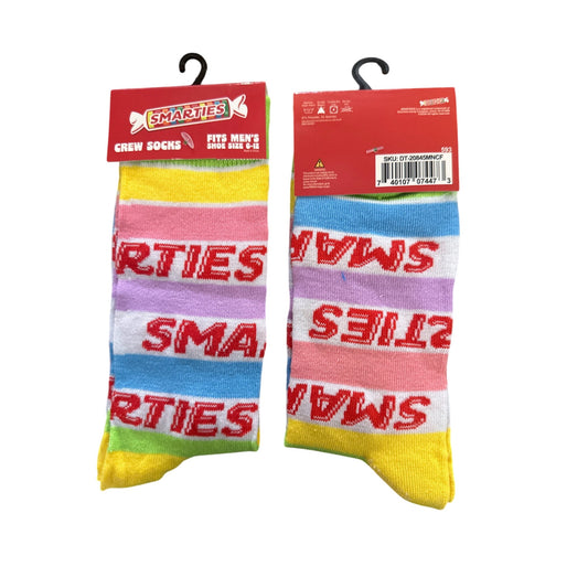 SMARTIES Candy Men's Size 6-12 Crew Socks Yellow Pink Blue Purple White Stripes
