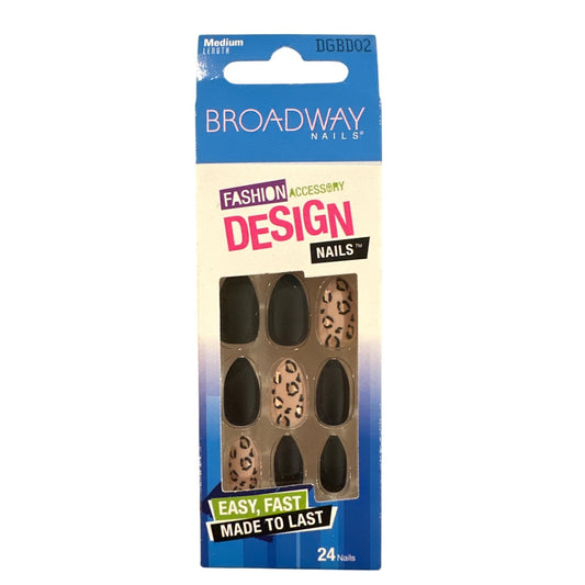 Broadway 24 Nails DESIGN Medium Almond Matte Black+Tan Stylish Leopard Print