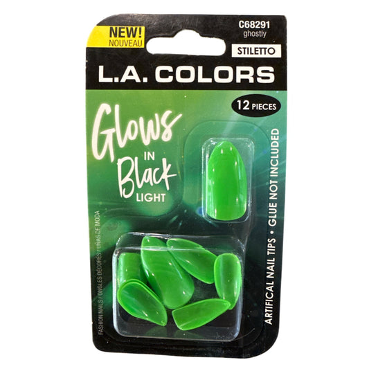 L.A. Colors GLOWS IN BLACK LIGHT 12 Nails GHOSTLY Long Stiletto Glossy Green