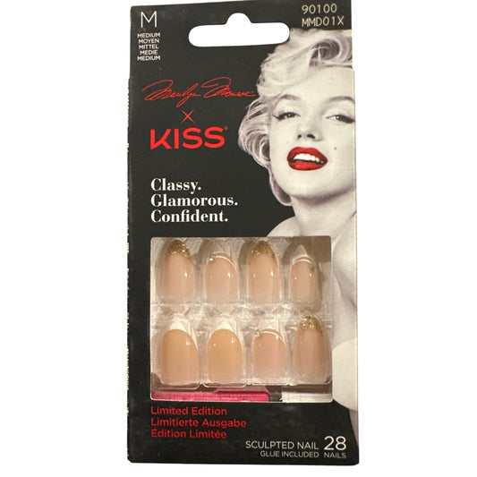 Marilyn Monroe X Kiss 28 Nails Medium Almond French Tip Nude+Gold Glitter Jewels