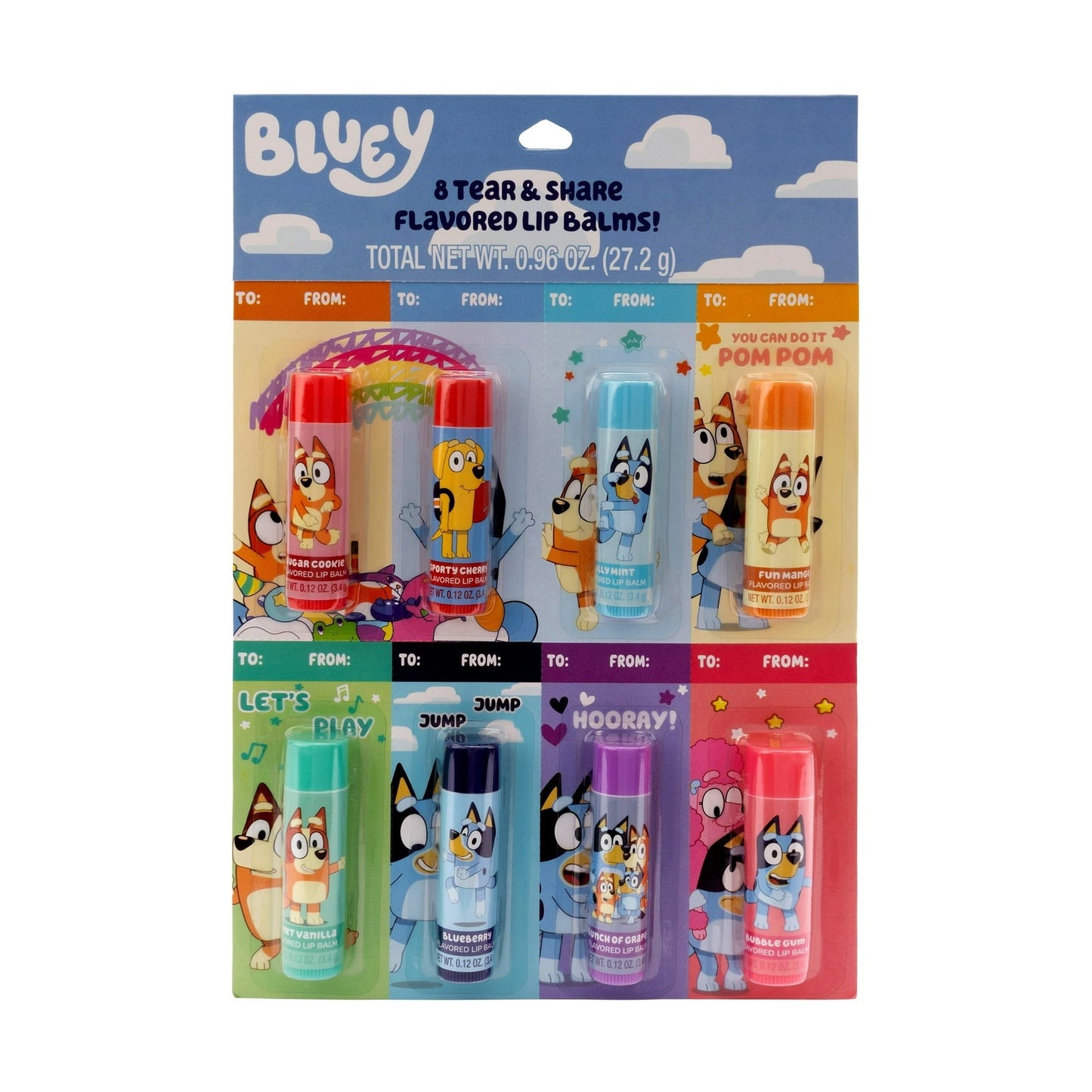 Bluey 8-Pack Tear & Share Flavored Lip Balms Kids Valentines Day Giveaway Cards