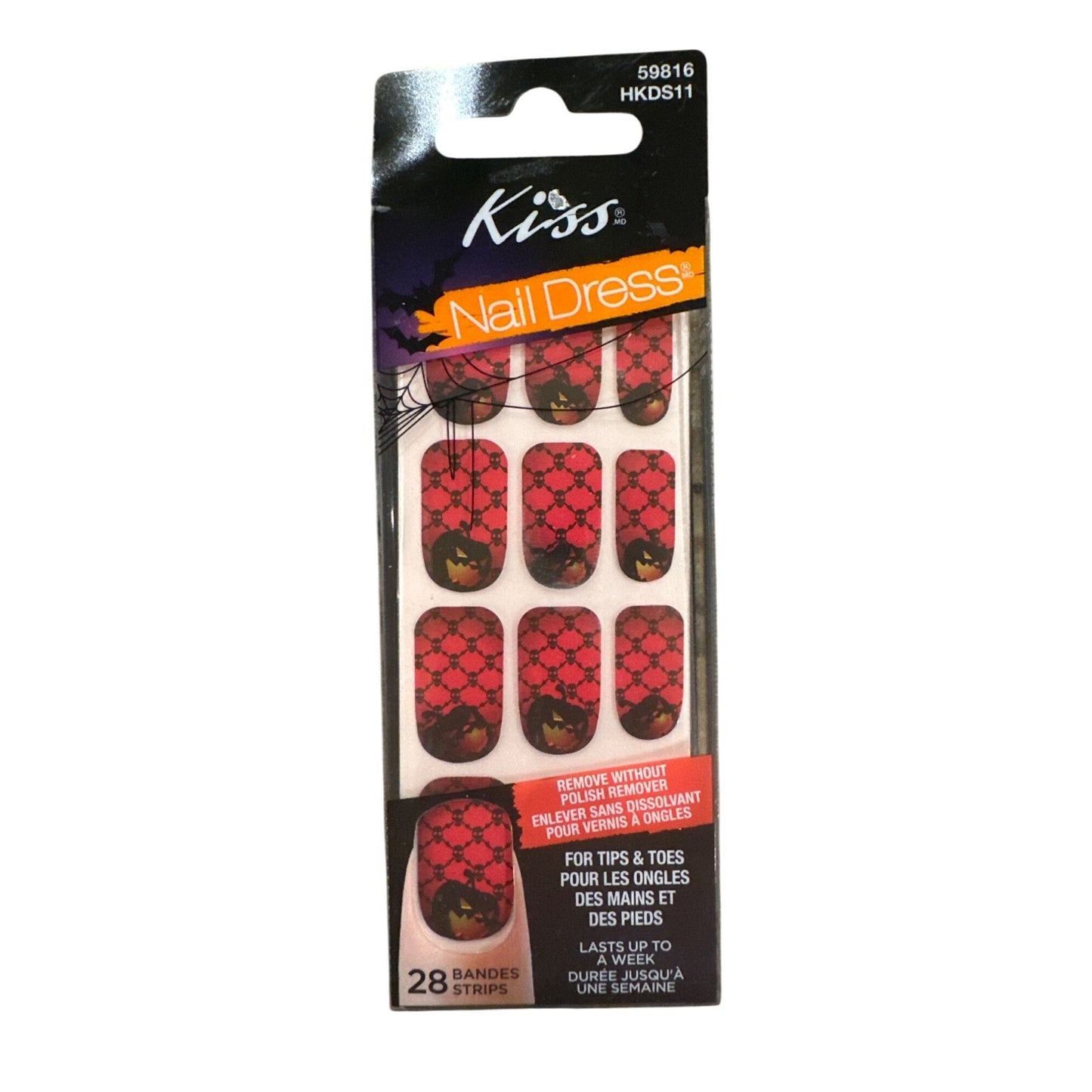 Kiss Nail Dress TIPS & TOES 28 Strips/Nails Red Skull & Pumpkin Halloween Design