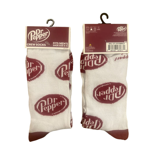 DR PEPPER Soda Mens Size 6-12 Crew Socks White Burgundy Logo Pattern Soft Cotton