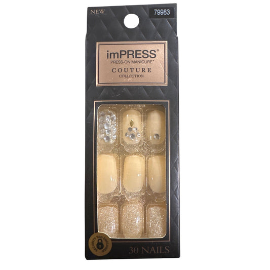 Kiss imPRESS 30 Nail LUSH LIFE Medium Almond Shimmer Gold+ Cream Jewels Accent