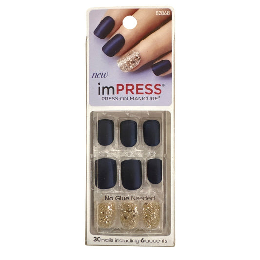 ImPress Press-On 30 Nail Midnight Short Square Matte+Glitter Midnight Blue+Gold