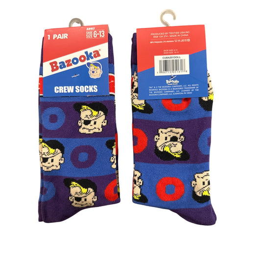 BAZOOKA Men's Size 6-13 Crew Socks Blue Purple Red Yellow Cartoon Print Design