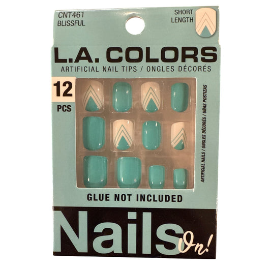 L.A. Colors NAILS ON! 12 Nail BLISSFUL Short Square Full & French Turquoise+Nude