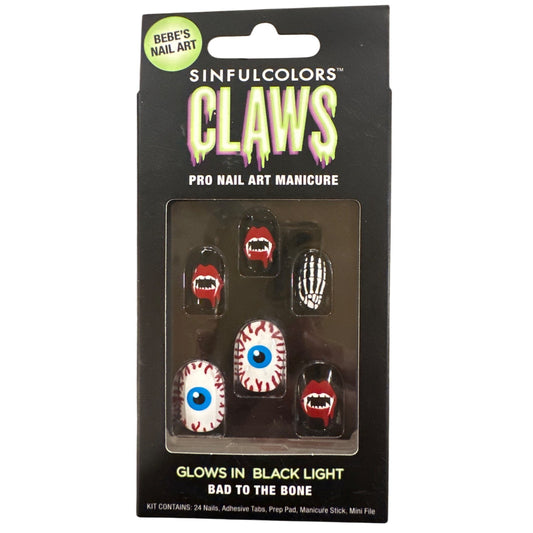 Sinfulcolors 24 Nails BAD TO THE BONE Eyes Fangs Halloween Glows in Black Light