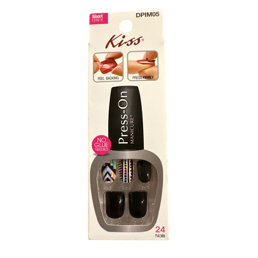Kiss Press-On 24 Nails LOVE IT Short Squoval Glossy Black + Neon Aztec Design
