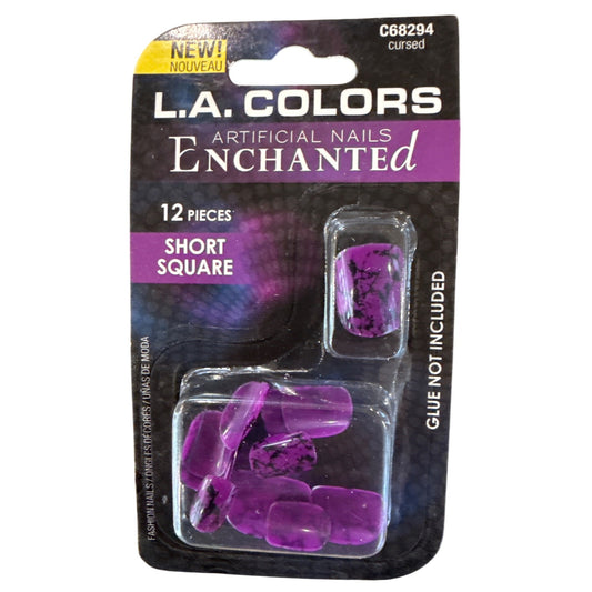 L.A. Colors ENCHANTED 12 Nails CURSED Short Square Marble+Glossy Purle+Black