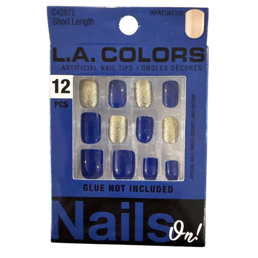 L.A. Colors NAILS ON! 12 Nails INFATUATION Short Square Glossy+Glitter Blue+Gold