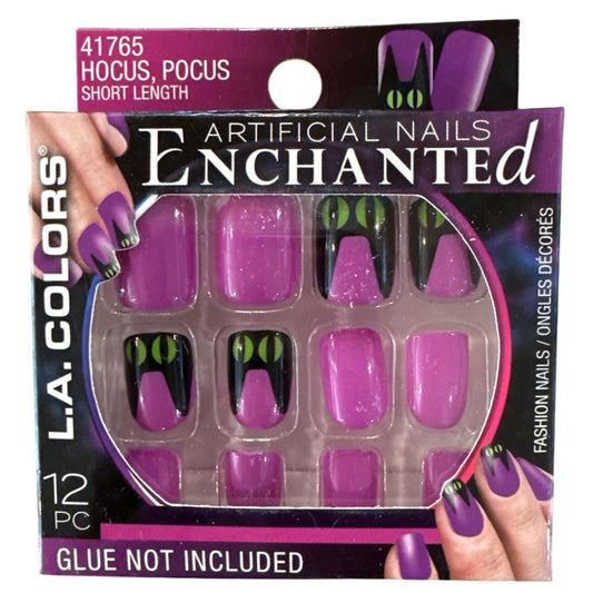 L.A. Colors ENCHANTED 12 Nails HOCUS, POCUS Short Square Glossy Purple Cat Eyes