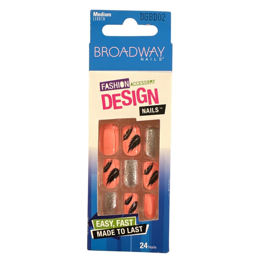 Broadway 24 Nail DESIGN Medium Square Glossy+Glitter Orange+Silver Black Feather