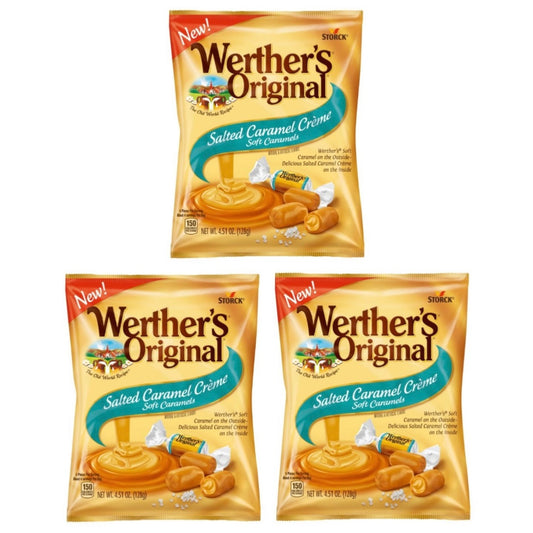 3 x Werthers Original SALTED CARAMEL Crème Soft Caramels 4.51 Oz Individ Wrapped