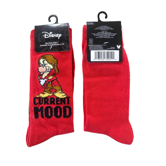 Disney GRUMPY Men's Size 6-13 Crew Socks Red Black Yellow White Text Design