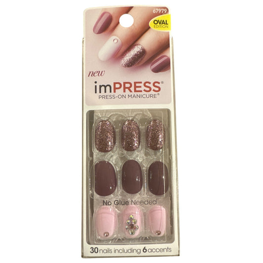 Kiss ImPRESS 30 Nail SO UNEXPECTED Medium Oval Shiny+Glitter Burgundy+Fuchsia