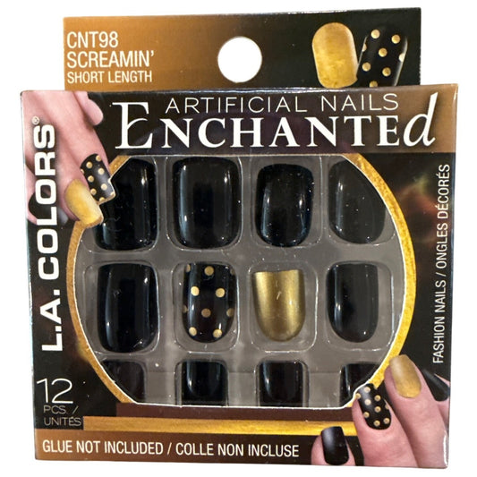 L.A. Colors ENCHANTED 12 Nail SCREAMIN' Short Square Glossy Black+Gold Polka Dot