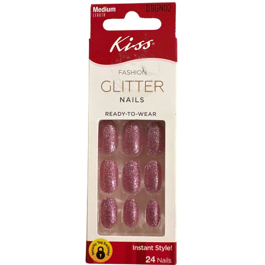 Kiss FASHION GLITTER 24 Nails Medium Length Oval Shimmer Fuchsia Ready To Wear