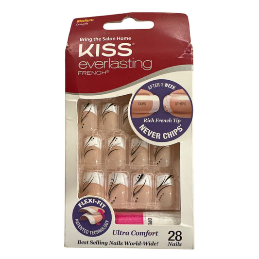 Kiss EVERLASTING 28 Nails Medium Square French Tip Nude +White +Black Floral