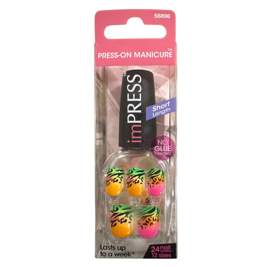 IMPRESS KISS Press-On 24 Nail LiL' DRUMMER GIRL Short Square Glossy+Shimmer Neon